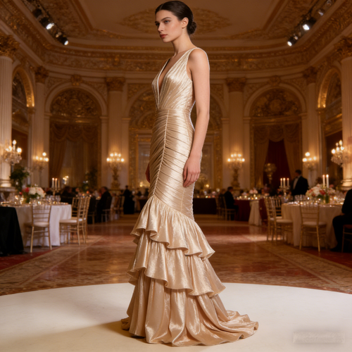 Golden Ripple Mermaid Evening Gown: The Luxe Satin Trailing Dress
