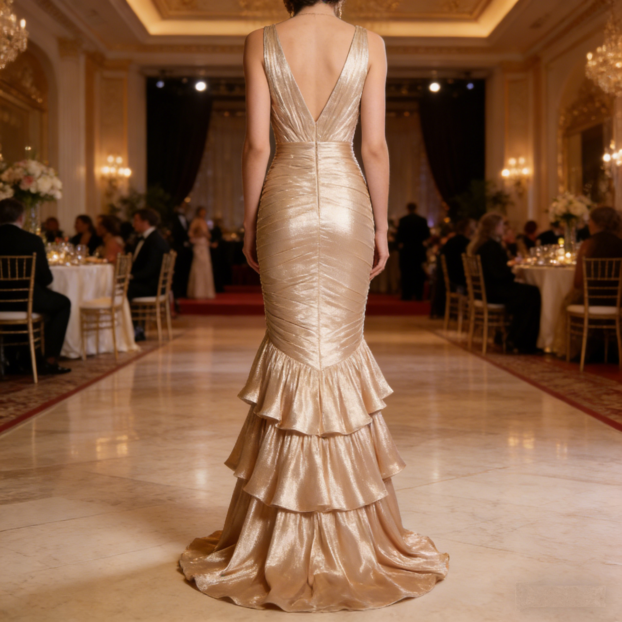 Golden Ripple Mermaid Evening Gown: The Luxe Satin Trailing Dress